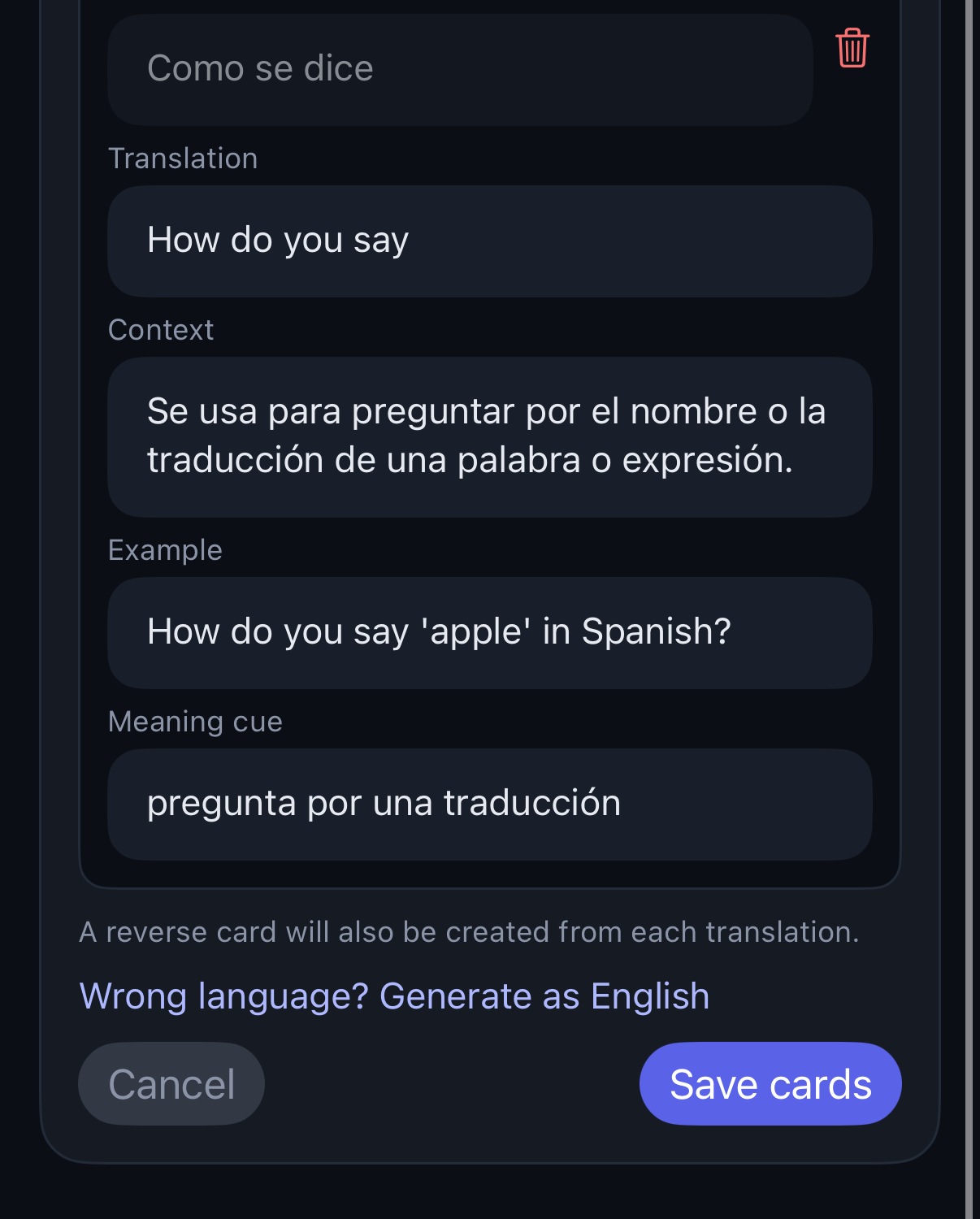 Vuelta's editable card preview showing a Spanish phrase, its translation, context, example, and meaning cue.
