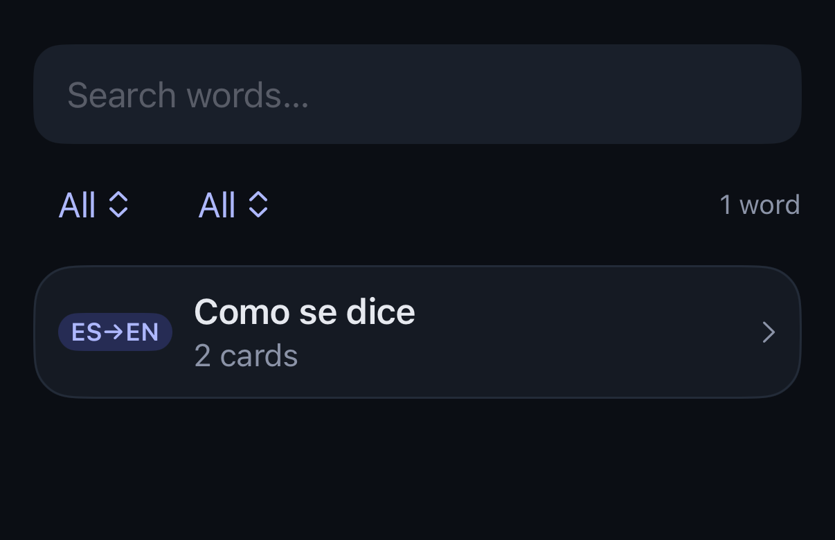 Vuelta library showing search, filters, and a saved phrase card.