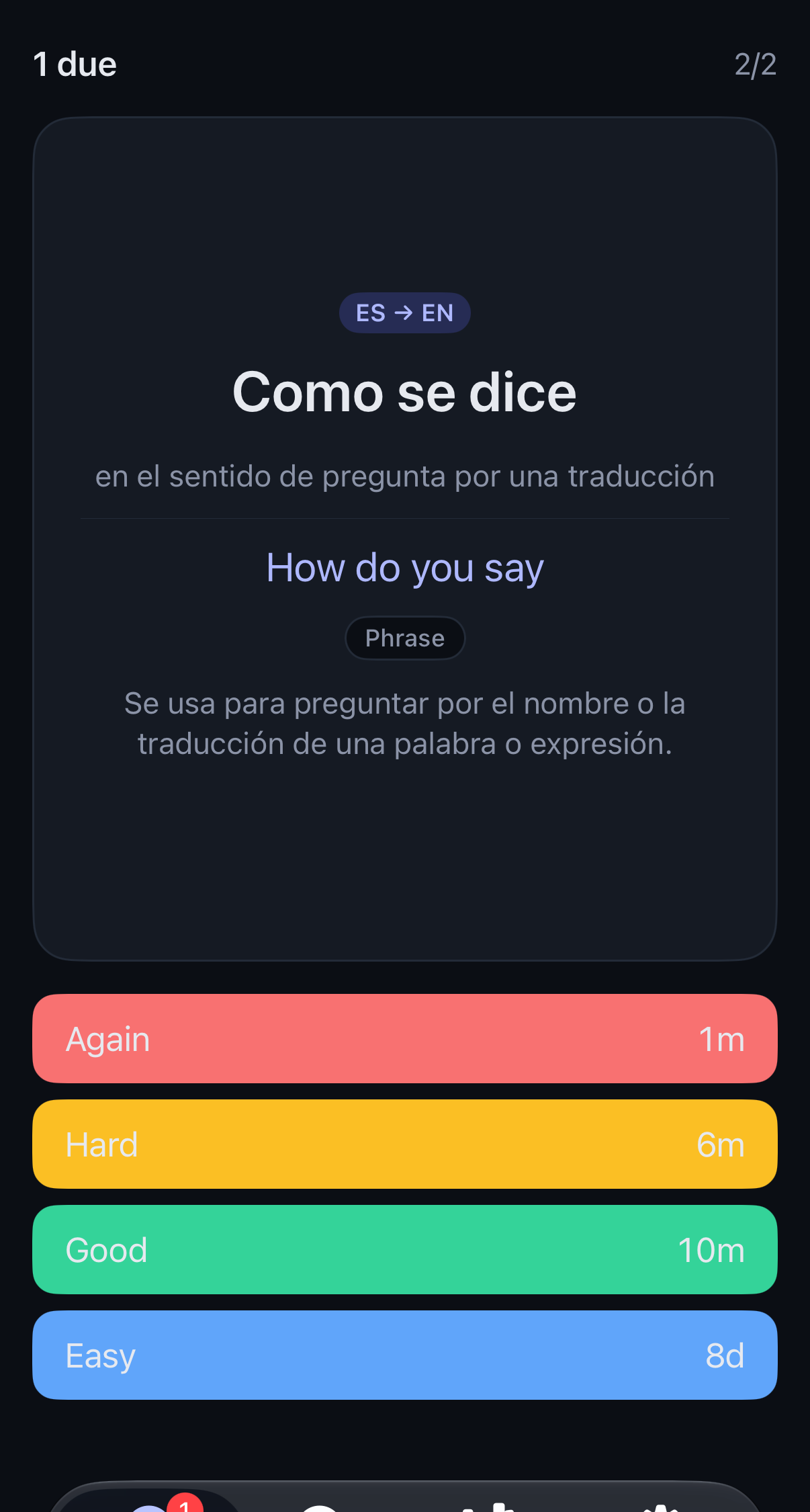 Vuelta review card showing the Spanish phrase Como se dice and the Again, Hard, Good, and Easy review choices.